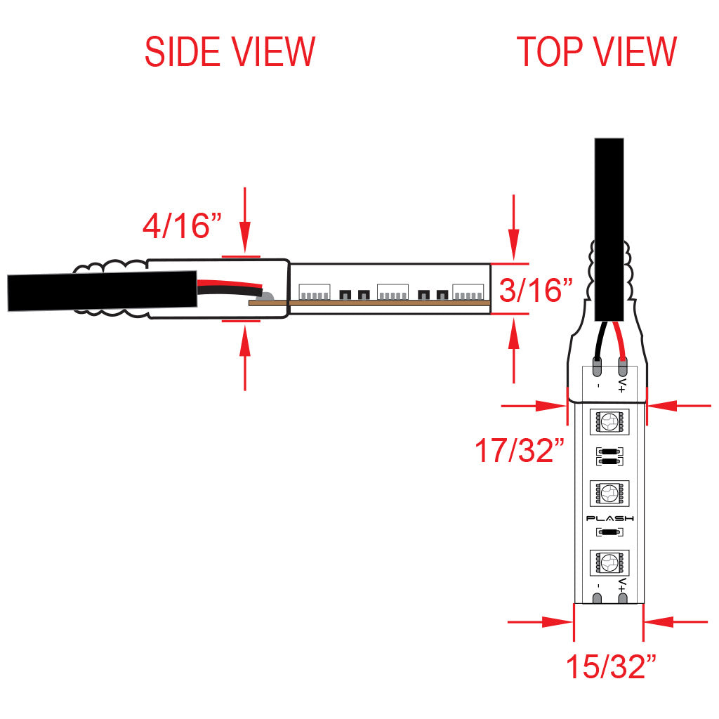 Technical diagram showing side and top views of PLASH waterproof LED light strips with measurements on white background.
