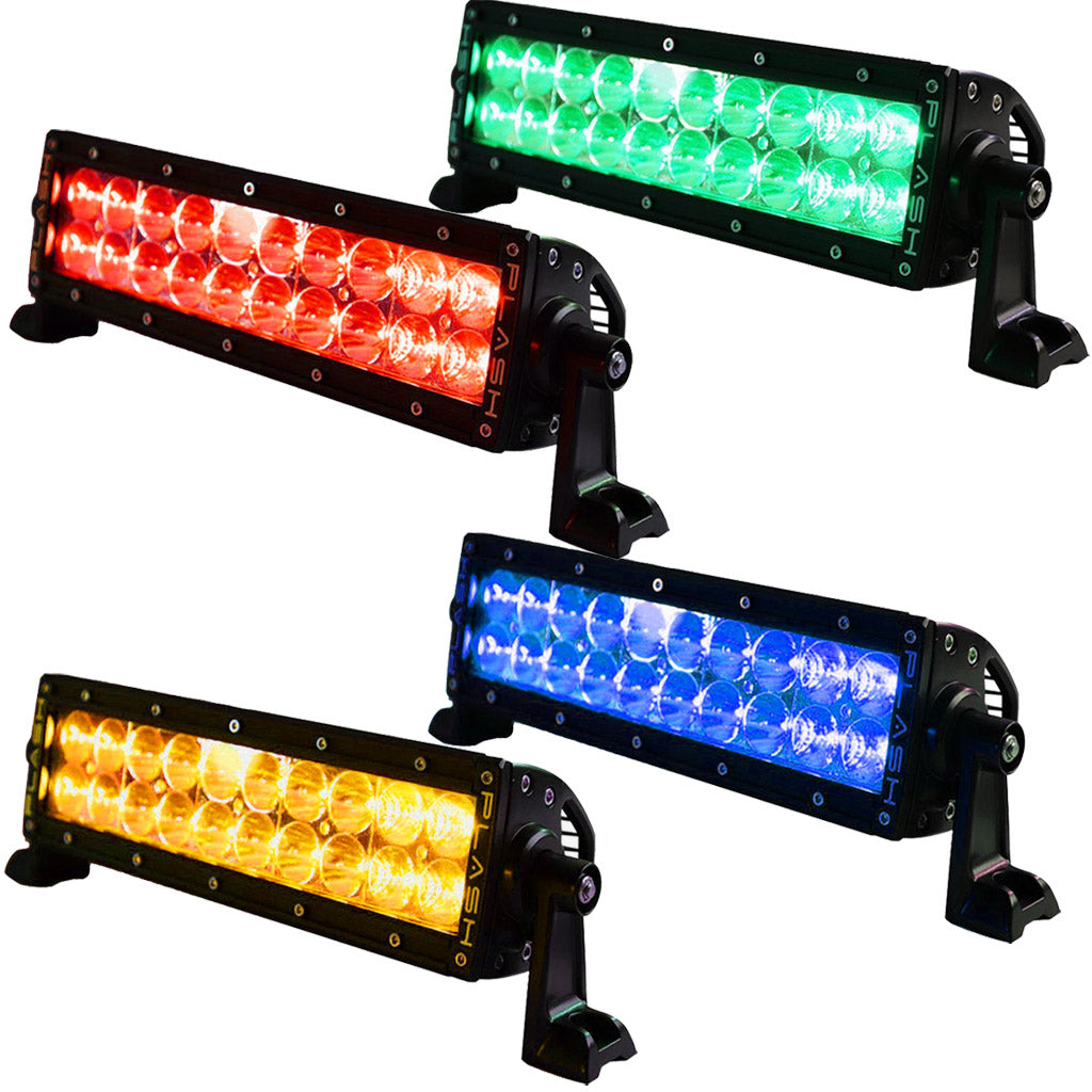 Three CX SERIES LED light bars with mounting brackets, shown lit in green, red, and blue on a white background.
