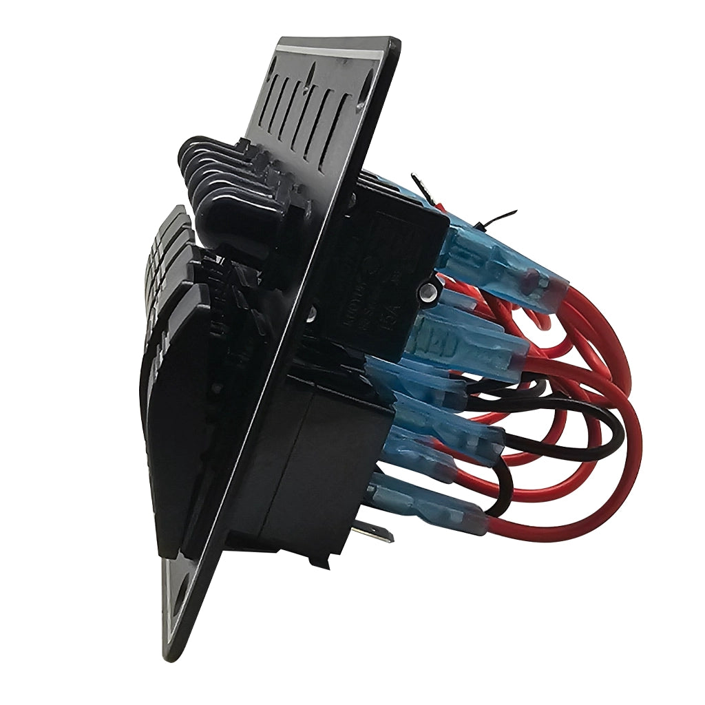 Black electrical switch panel with wiring on a white background from a side view