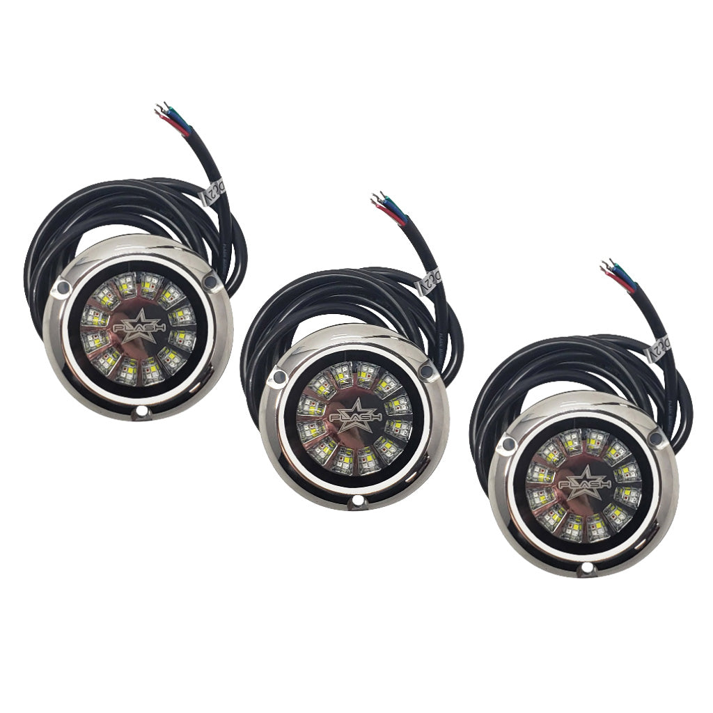 Three Plash Epik underwater LED lights. With pigtail, stainless steel on white background.