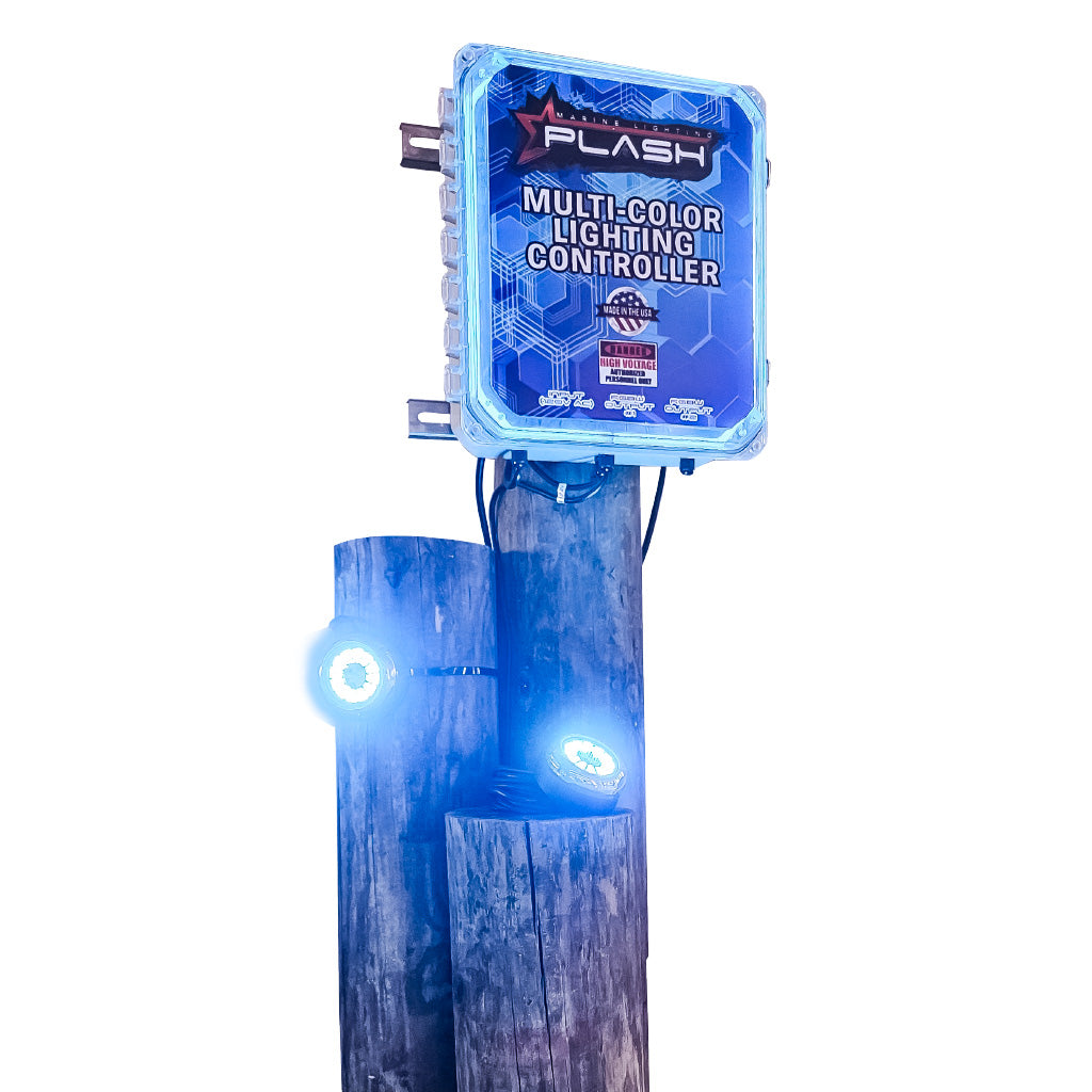 Plash branded NEMA rated hinged junction box, gray on white background with Blue RGBW LED strip light on. Installed on dock pylons.