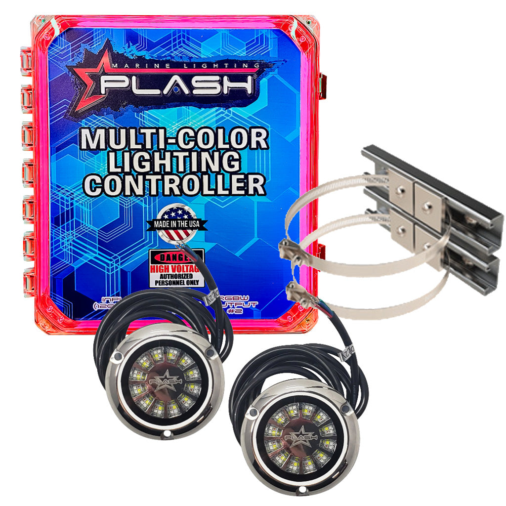 Plash branded NEMA rated hinged junction box, gray on white background with magenta RGBW LED strip light on. Shown with two Epik underwater LED lights and pole mount hardware as a kit.