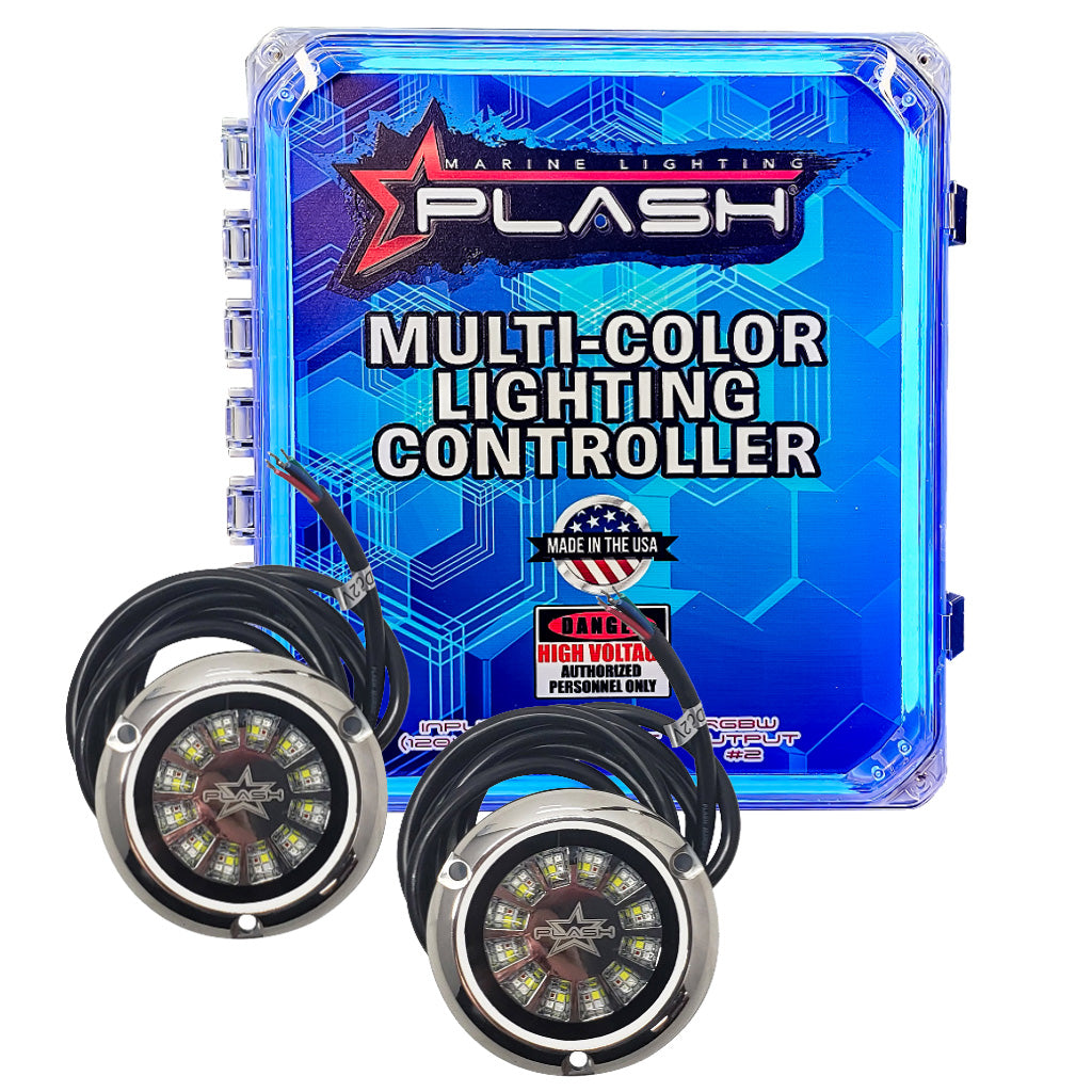 Plash branded NEMA rated hinged junction box, gray on white background with cyan RGBW LED strip light on. Shown with two Epik underwater LED lights as a kit.