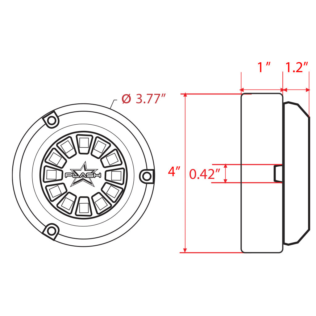 Technical drawing of a Plash Epik LED underwater light component with dimensions labeled
