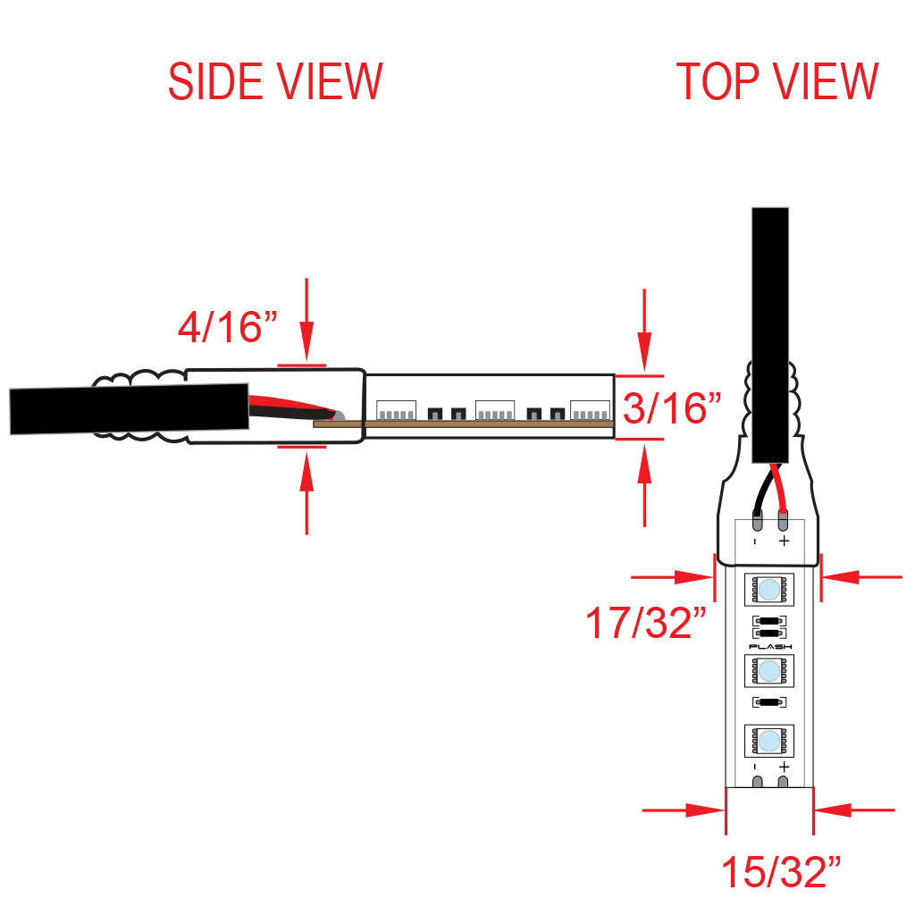Technical diagram showing side and top views of Cool White waterproof LED flexible light strips with measurements.