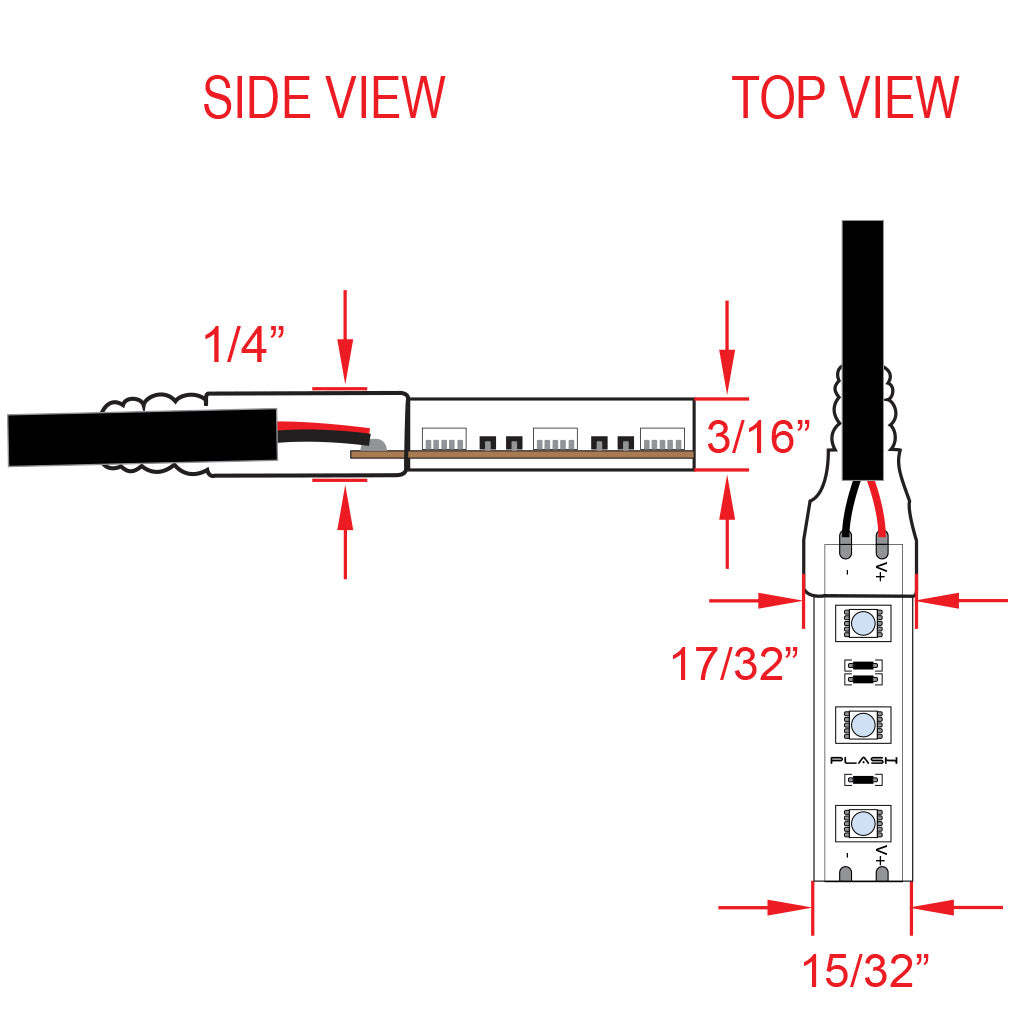 Technical diagram showing side and top views of Cool White waterproof LED flexible light strips with measurements.