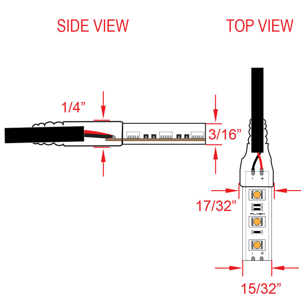 Diagram showing side and top views of waterproof LED strip lights with dimensions indicated on white background.