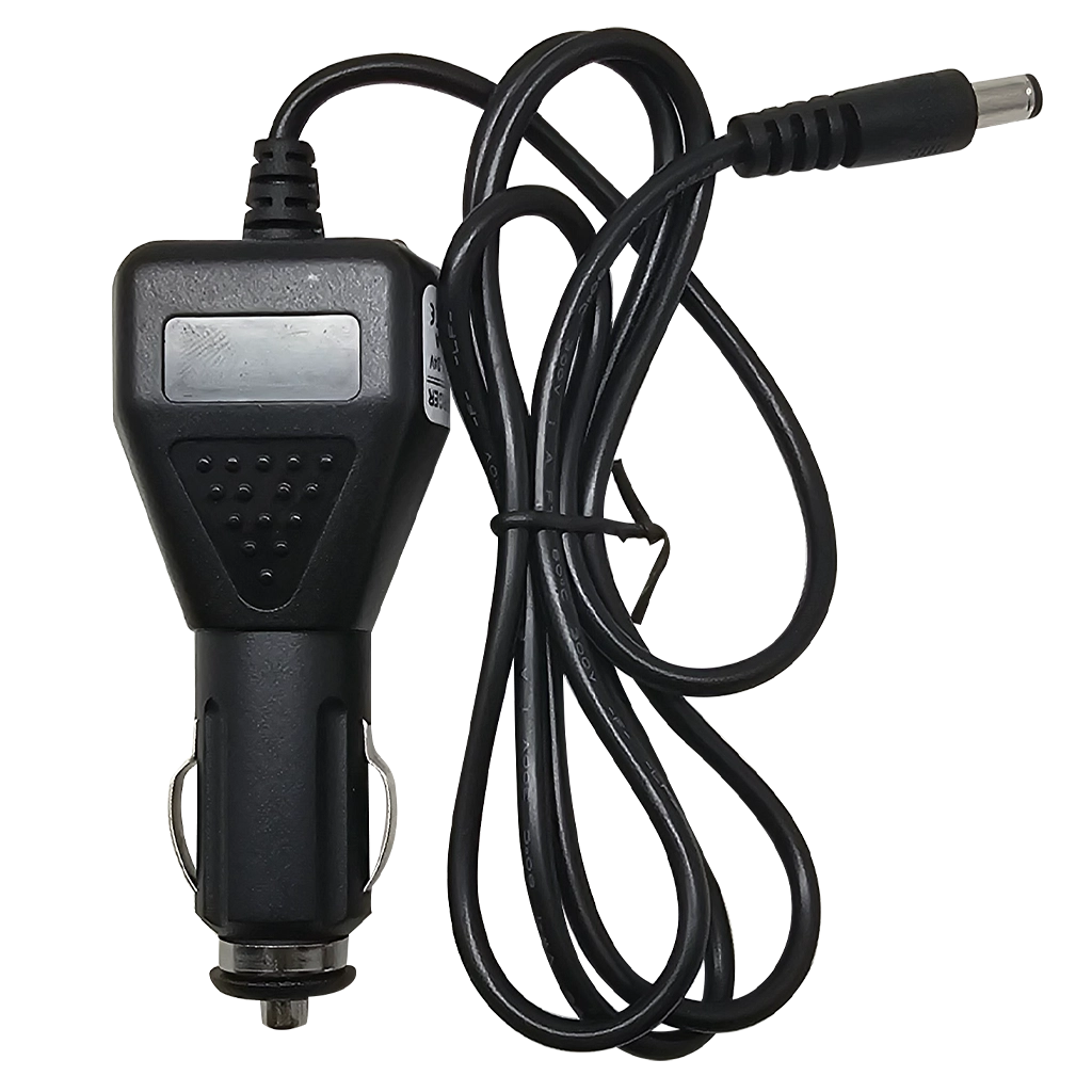 Black cigarette port charger with a long cable on a white background for Plash Junior handheld LED spotlight