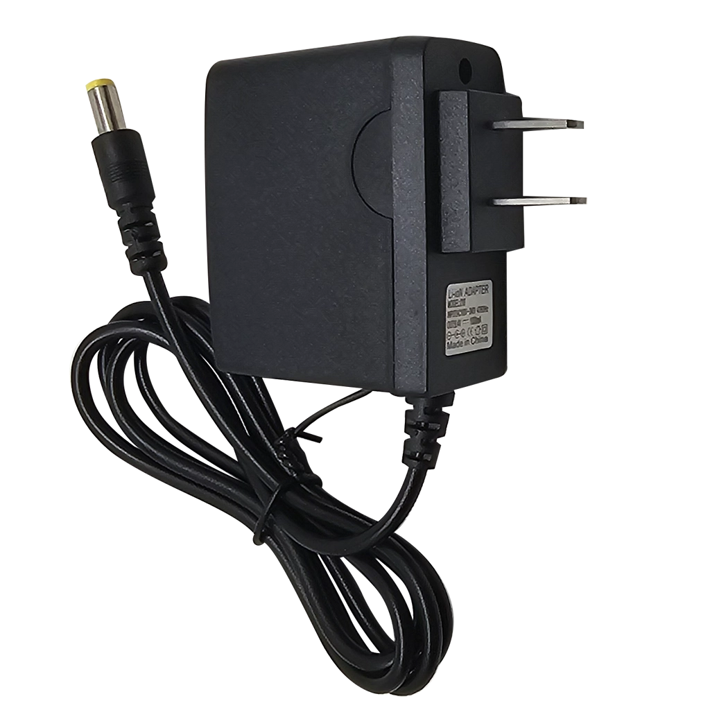 Black wall power adapter with a cord on a white background for Plash Junior handheld LED spotlight