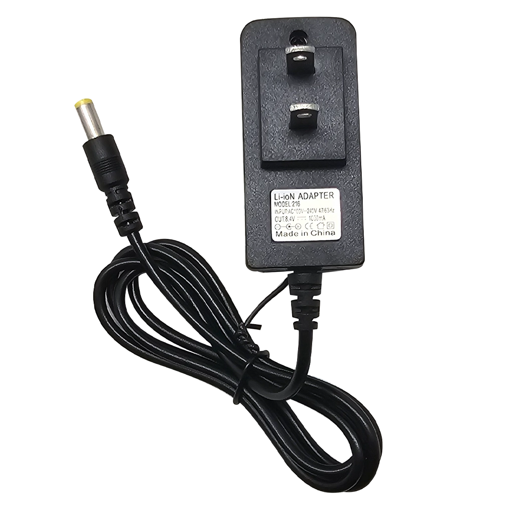 Black power adapter with cable on a white background