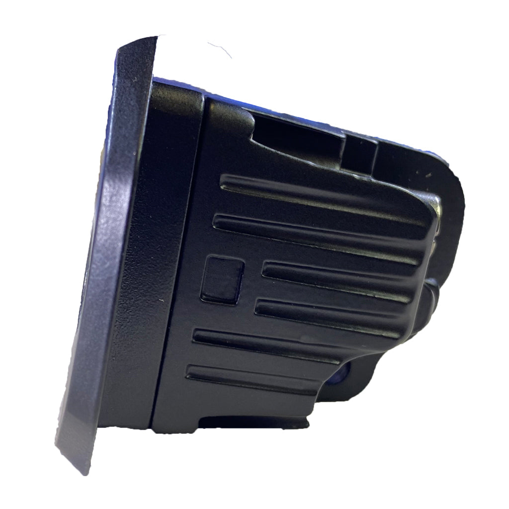 Black LED flush mounted low profile light with diffused lens and 'PLASH' branding on a white background from a side view.