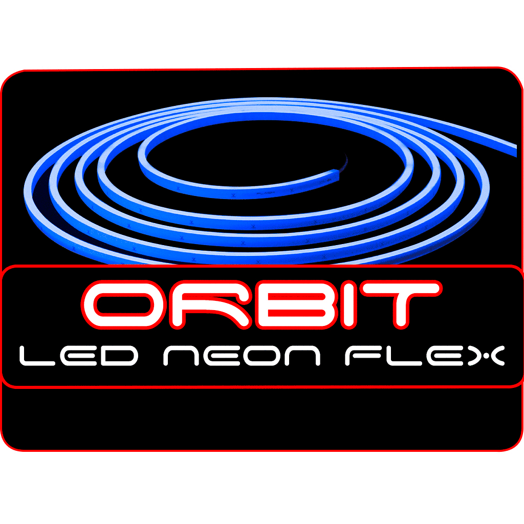 White text Orbit LED Neon Flex, with light strip cycling through colors on black background.