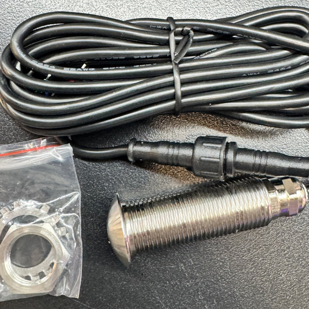 Stainless Steel marine Step Light with 2 inches of threads power wire and packaging on black background
