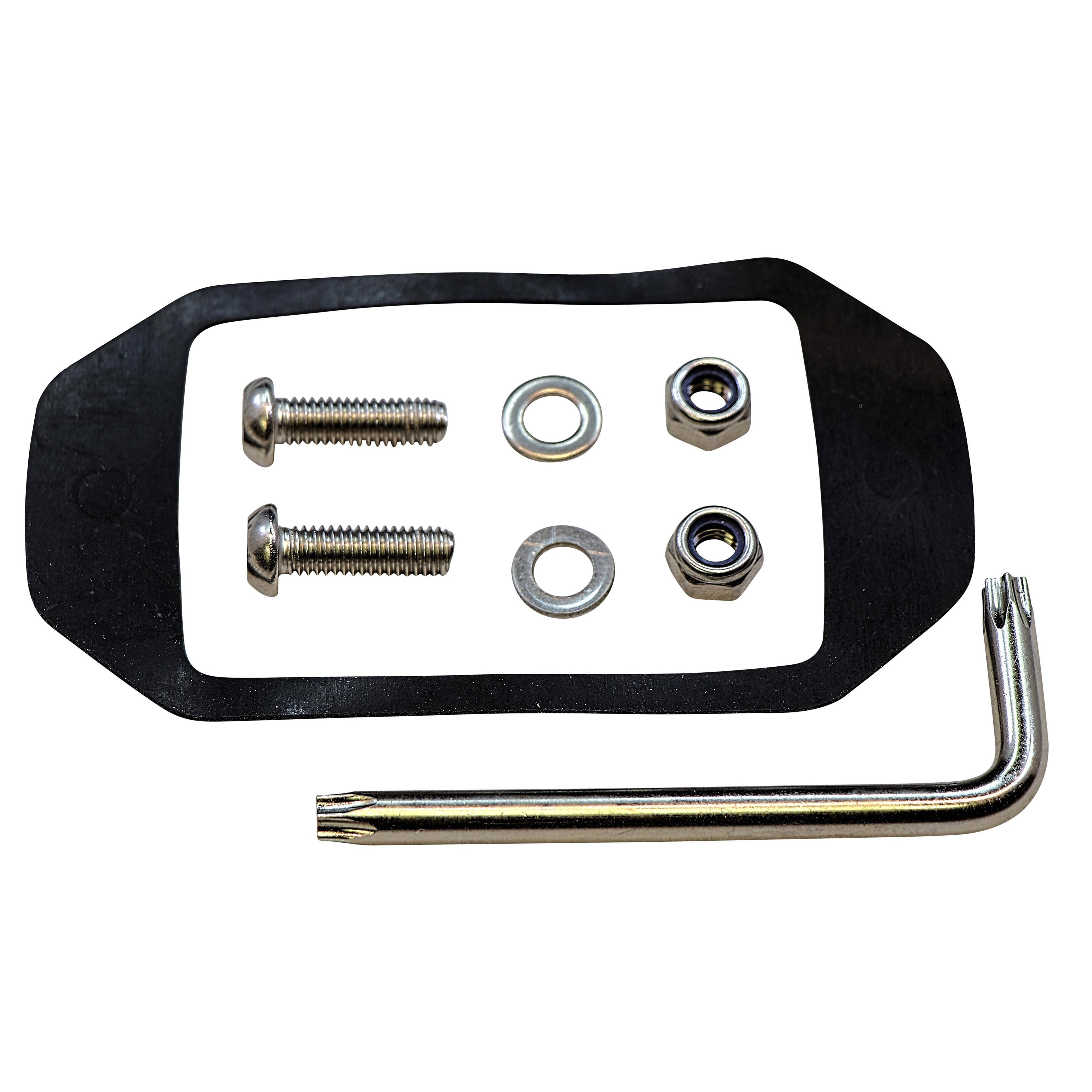 Black LED flush mounted low profile light gasket, including screws, washers, and a hex key on a white background.