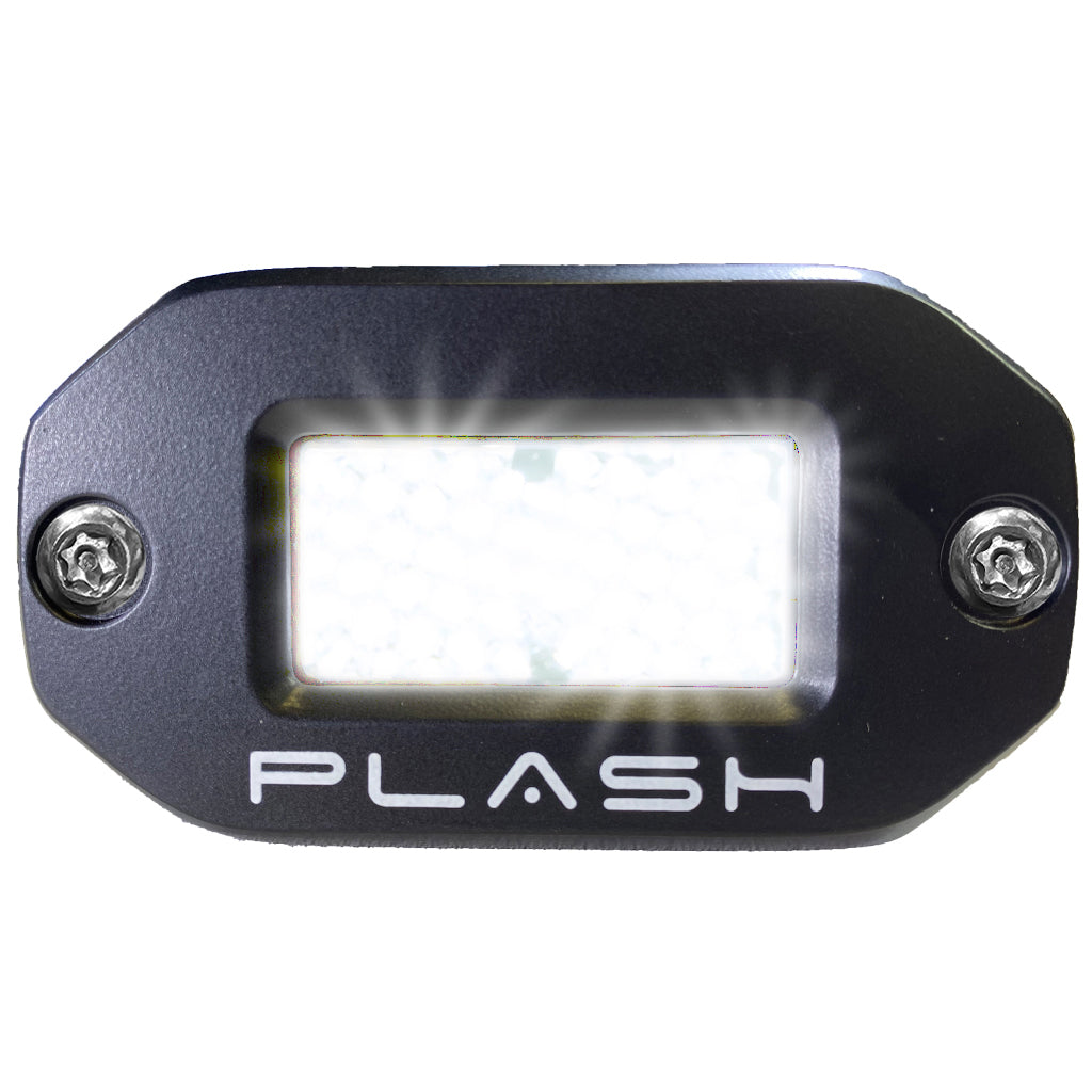 Black LED flush mounted low profile light with diffused lens and 'PLASH' branding on a white background. Light on