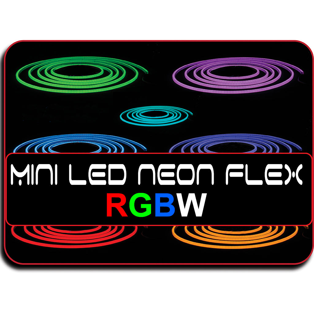 Mini LED Neon Flex RGBW product packaging with colorful circular designs on a black background.