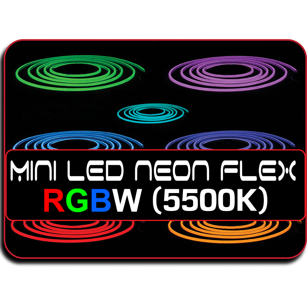 Mini LED Neon Flex RGBW product packaging with colorful circular designs on a black background.