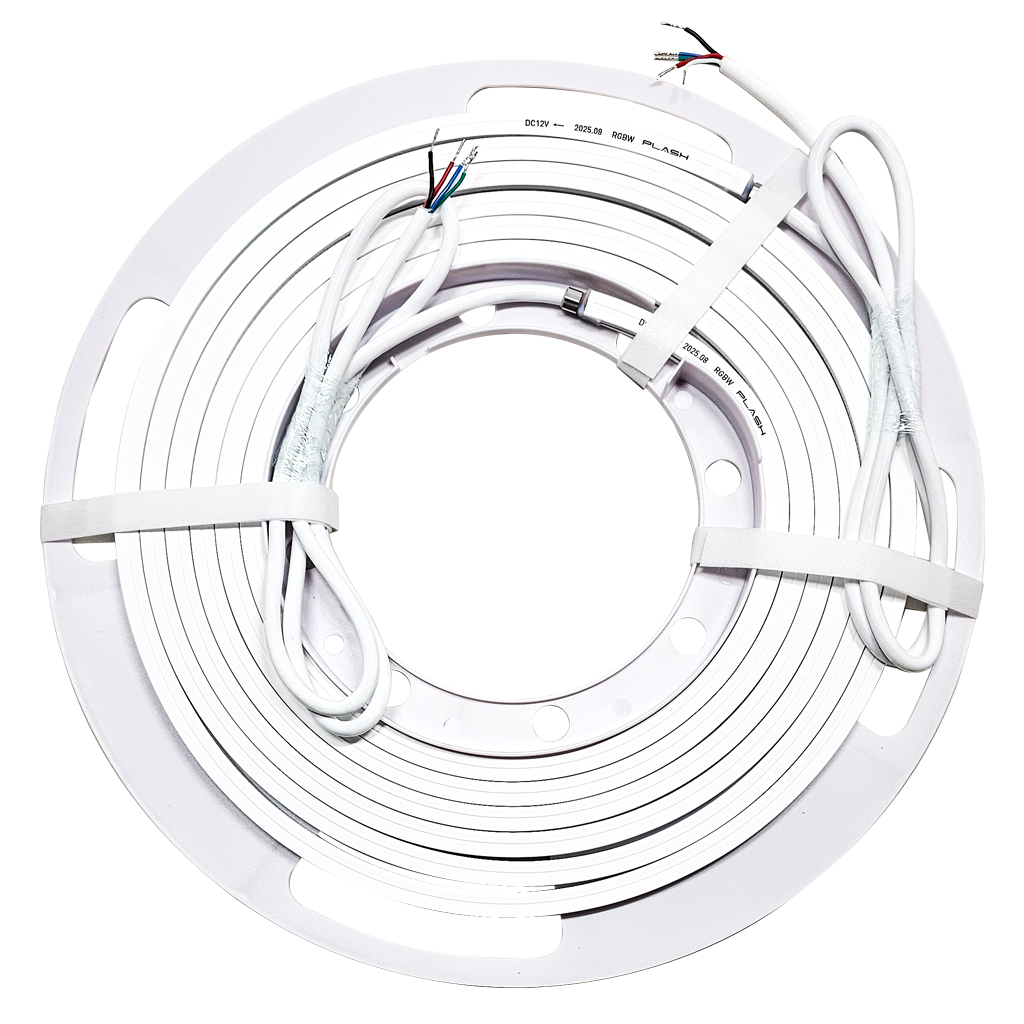 Coiled LED strip light with connectors on a white background