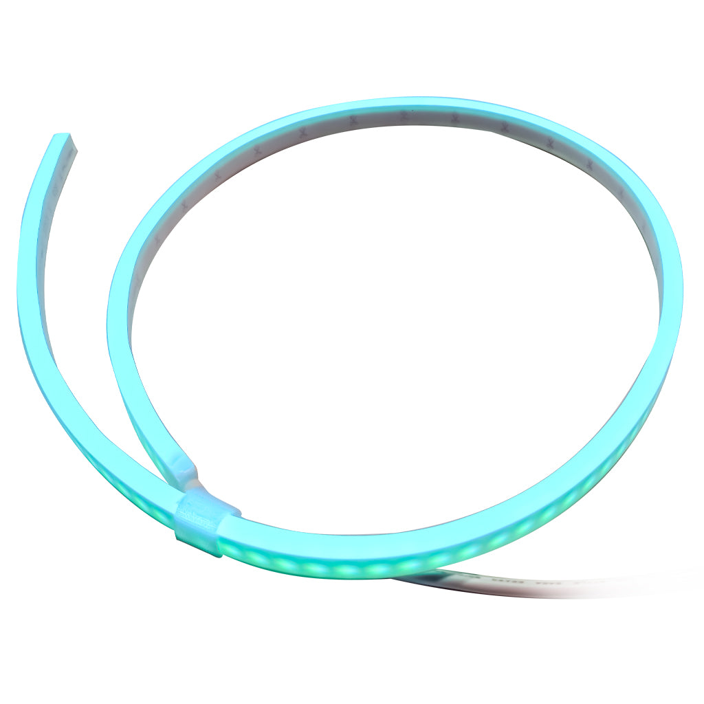 A flexible teal LED light strip coiled in a large circle on a plain white background.