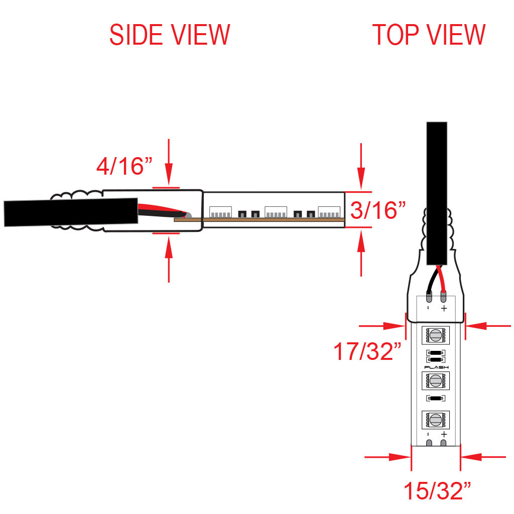 Technical diagram showing side and top views of PLASH waterproof LED light strip with measurements on white background.