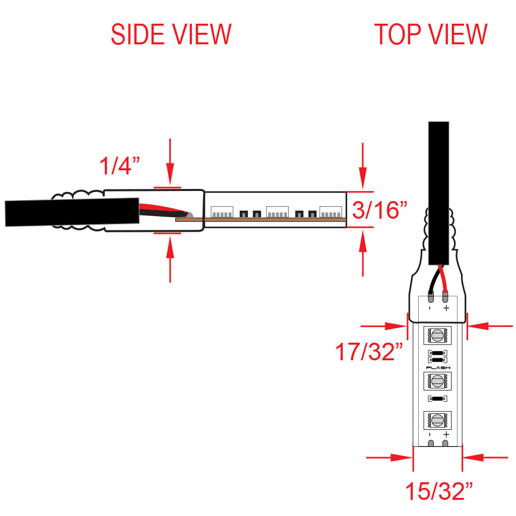 Technical diagram showing side and top views of PLASH waterproof LED light strip with measurements on white background.