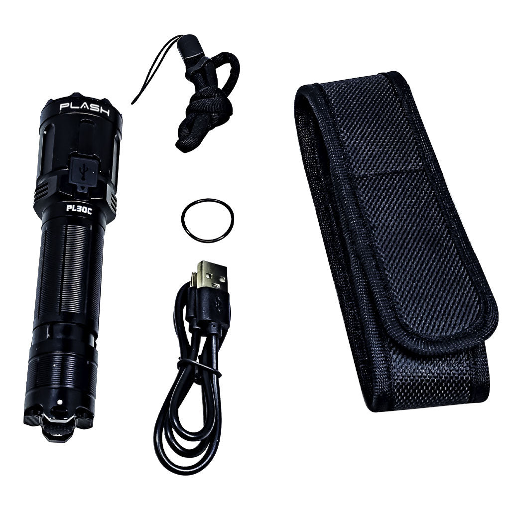 Black LED flashlight with 'PLASH' branding , accessories including a lanyard, o-ring, USB 3.0 cable, and pouch on a white background.