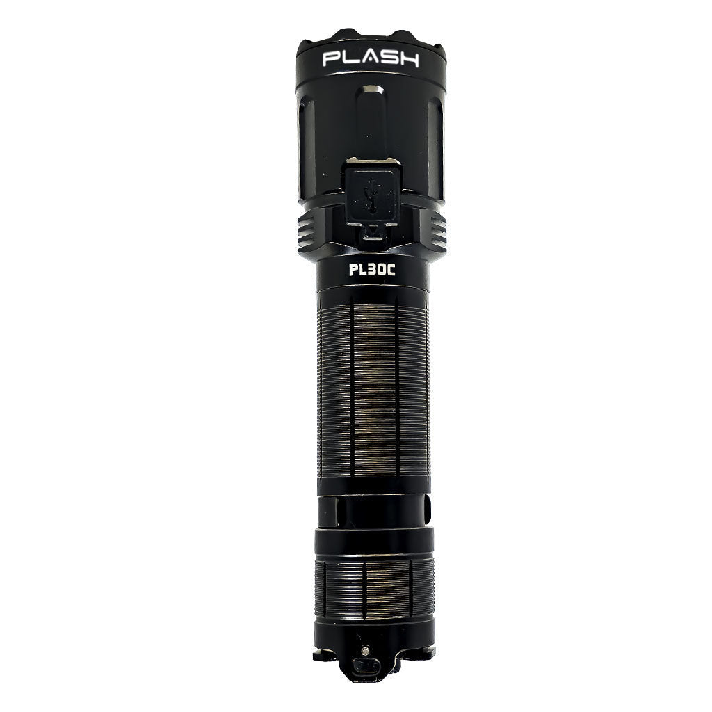 Black LED flashlight with 'PLASH' branding on a white background