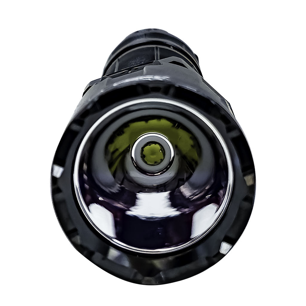 Close-up of LED bulb , 'PLASH' branded flashlight on a white background