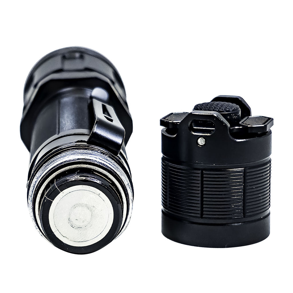 Black LED flashlight with 'PLASH' branding on a white background