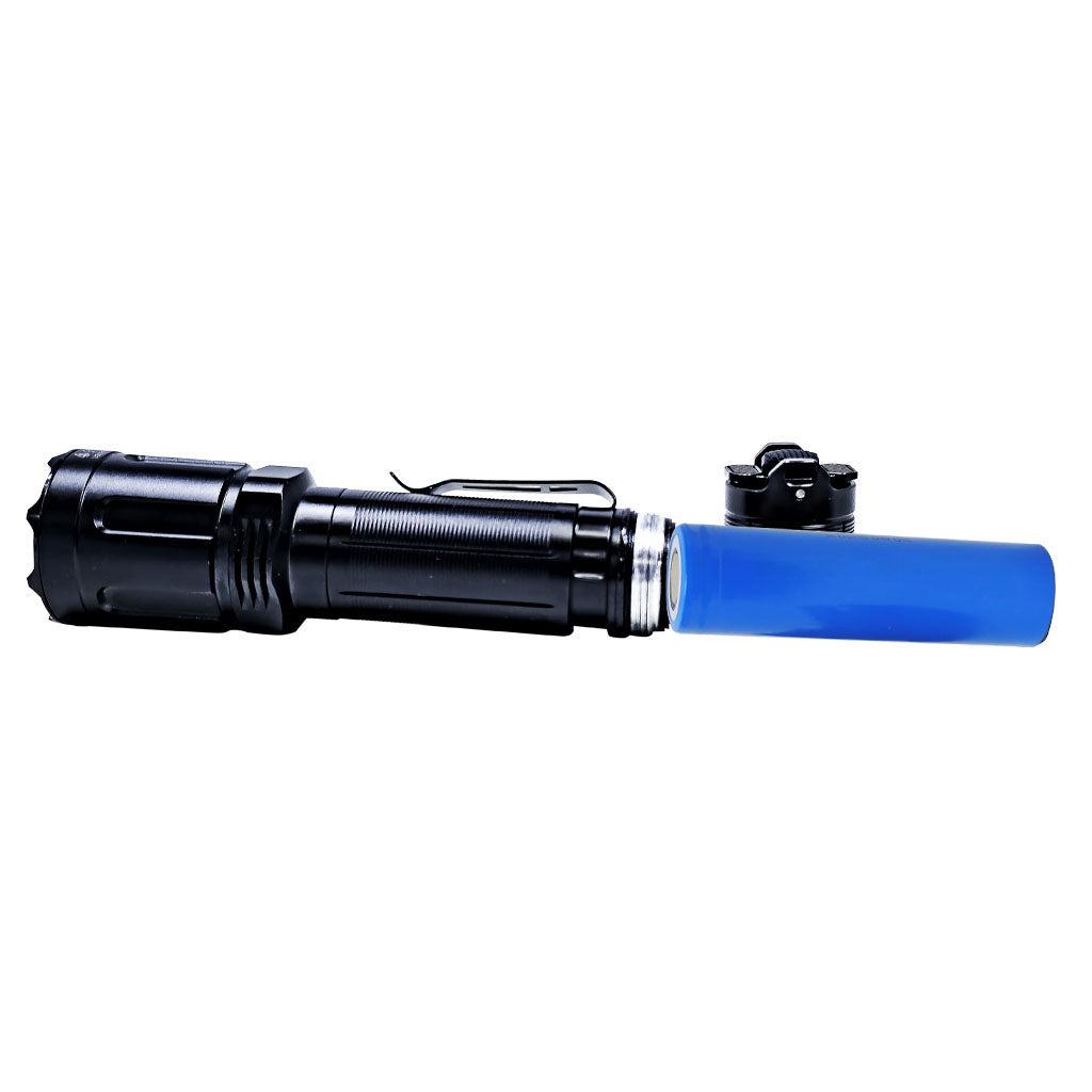 Black LED flashlight with 'PLASH' branding with blue rechargeable battery on a white background
