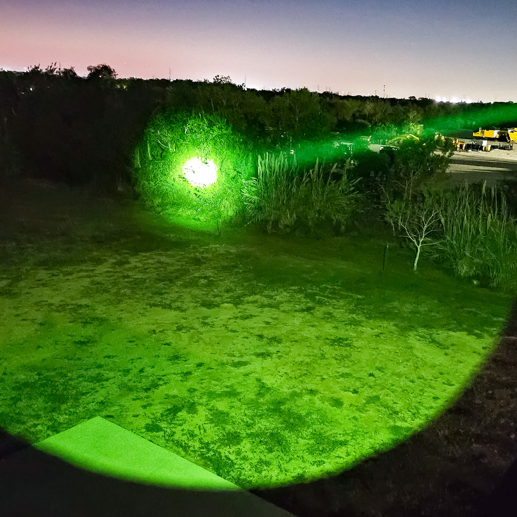 PL50X hunting flashlight with rotating head for centered green beam at night