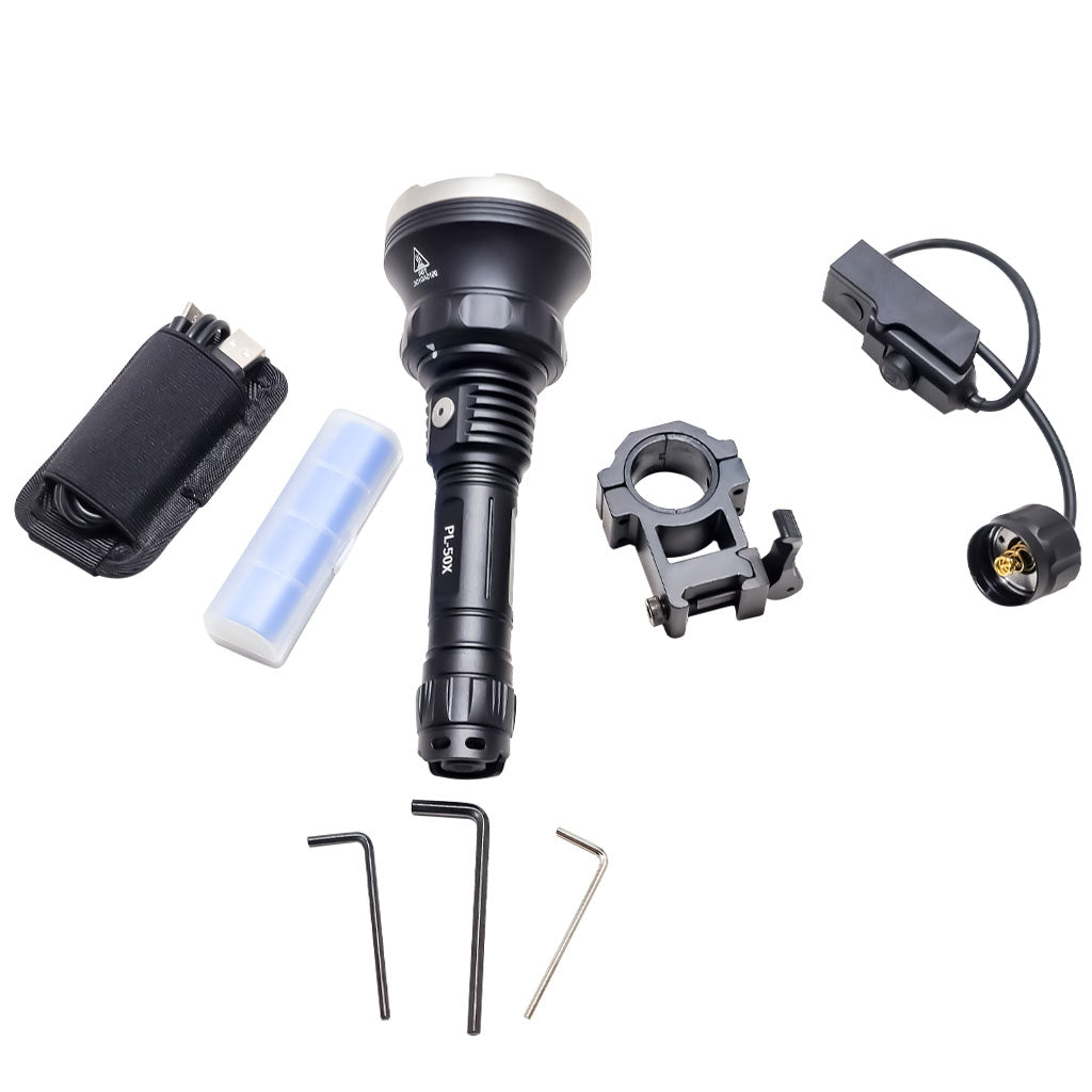 PL50X LED Flashlight with Accessories on White Background