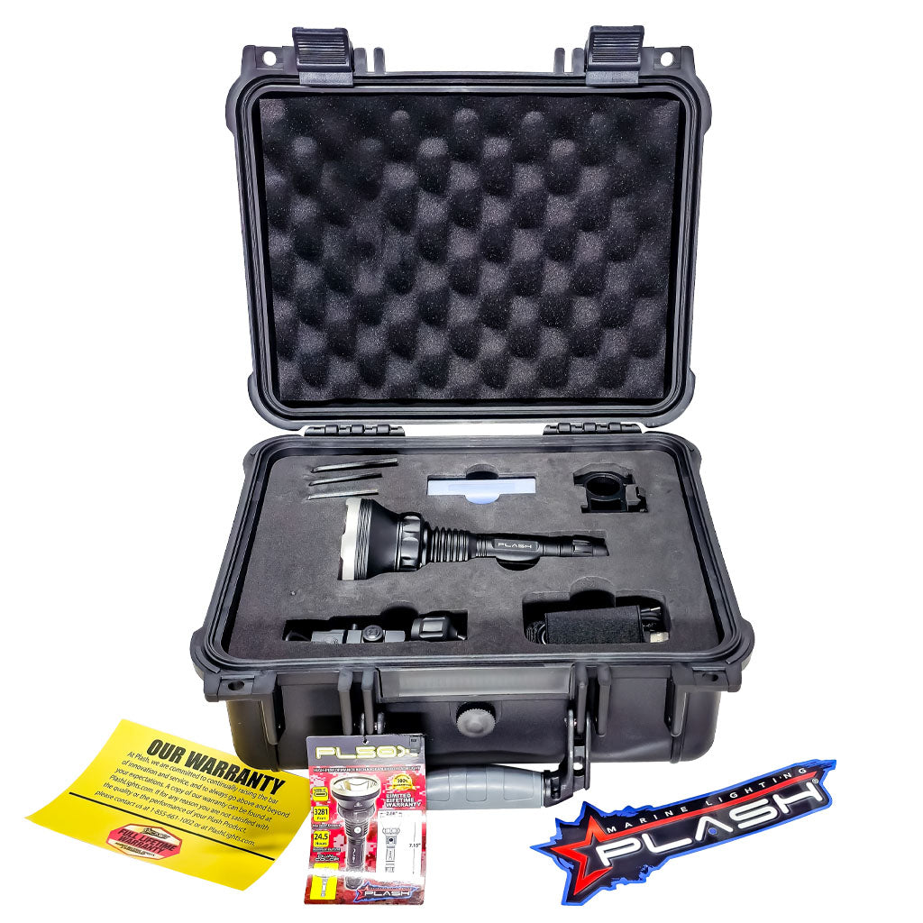 Rugged Black foam-lined hard travel case with PL50X dual color flashlight and accessories gun mount
