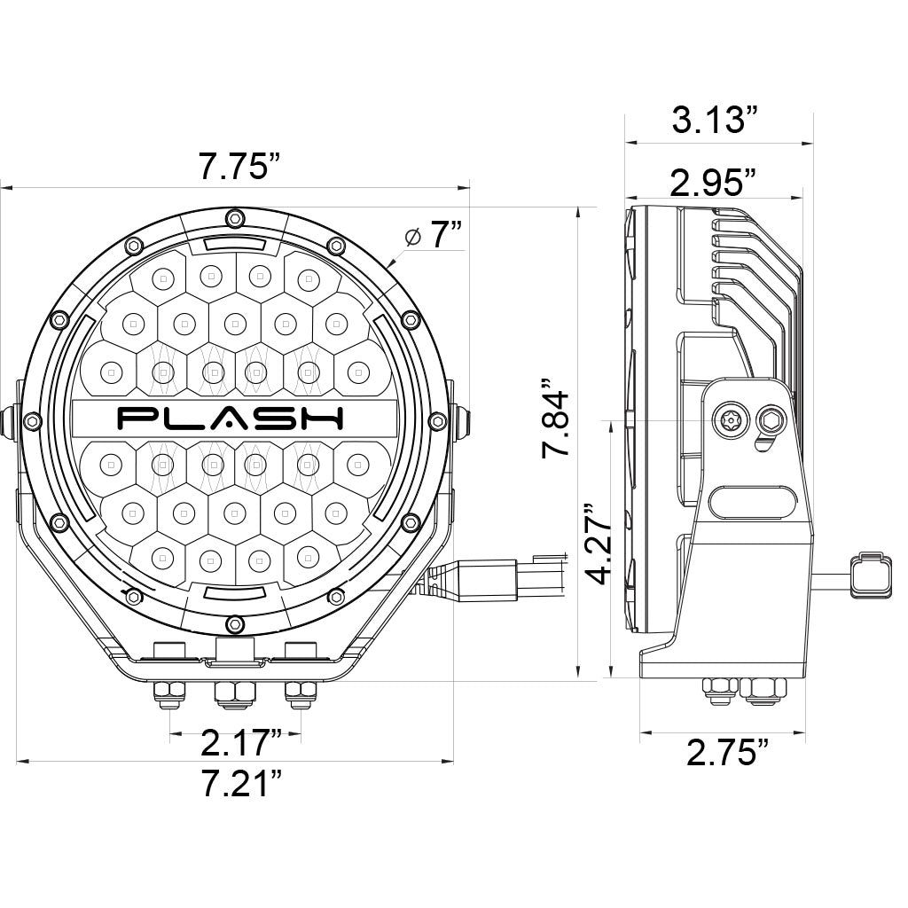 Plash Pearl 2- 7" Round Search Light Combo Beam Dimmensions