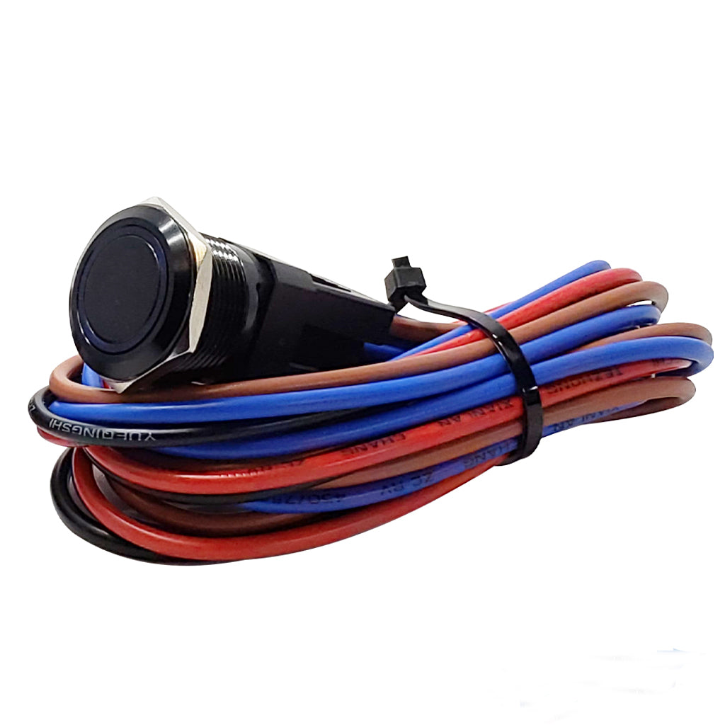 Black-Anodized-Marine-Push-Button-20A-Rated-BlUE-LED-3FT-Wire