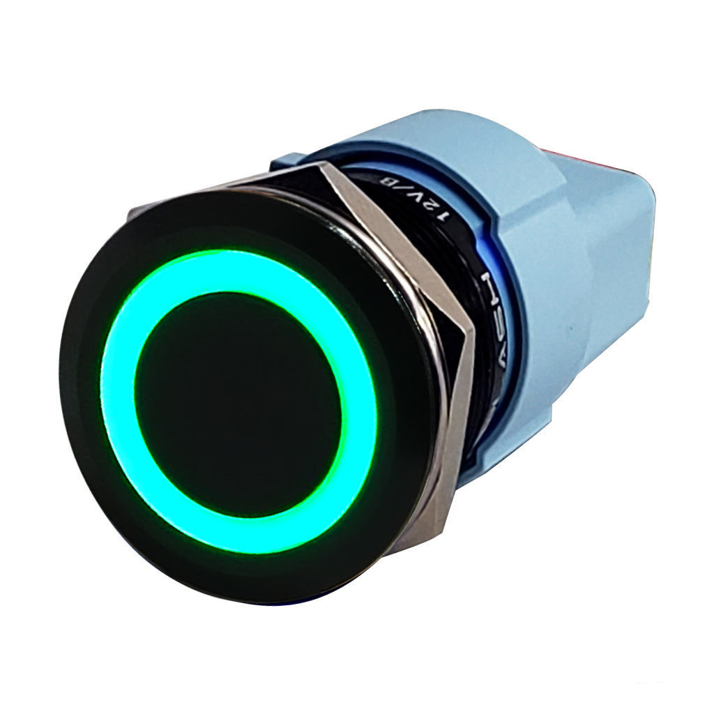 Push Button Illuminated Switch-Black Anodized- 15A - Green