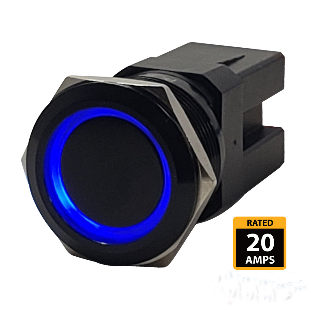 Black-Anodized-Marine-Push-Button-20A-Rated-BlUE-LED-Latching