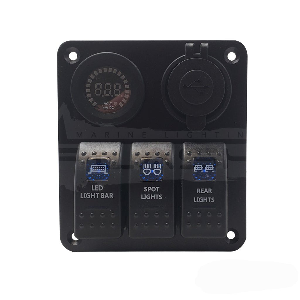 Three panel rocker switch panel waterproof, dustproof includes voltometer, dual usb charger