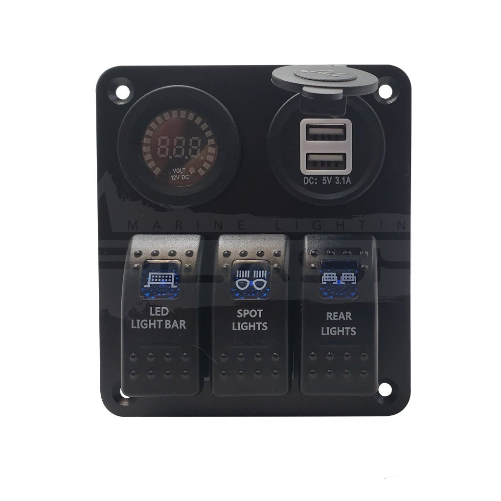 Three panel rocker switch panel waterproof, dustproof includes voltometer, dual usb charger