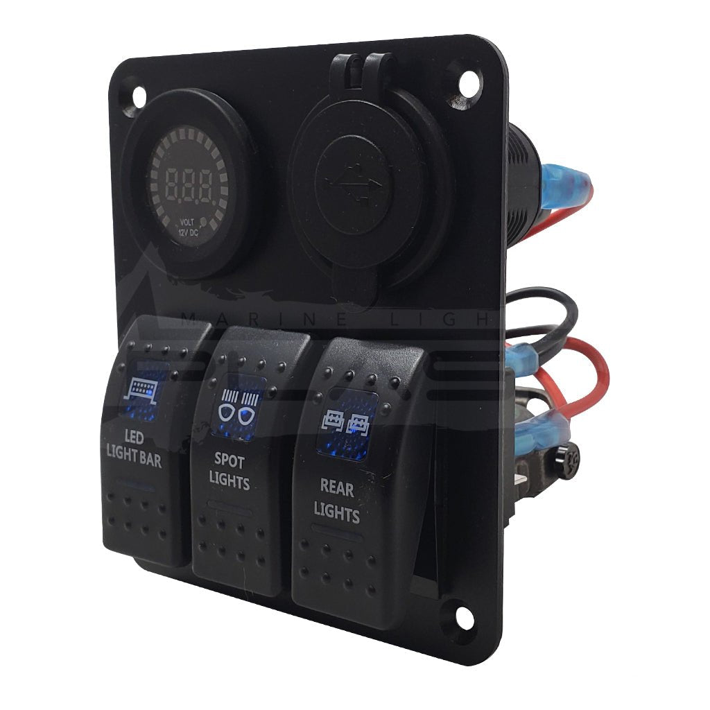Three panel rocker switch panel waterproof, dustproof includes voltometer, dual usb charger