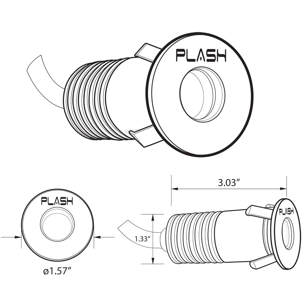 Technical drawing of a LED down light with dimensions and 'PLASH' branding.