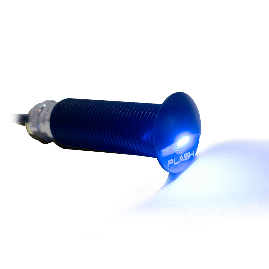 Threaded marine LED step light in hard anodized black housing lit up with blue color on a white background
