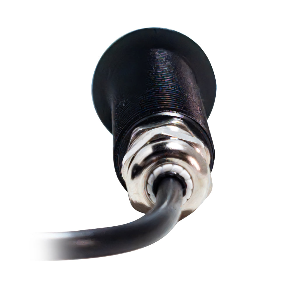 Threaded marine LED step light in hard anodized black housing close up view of the rear on a white background