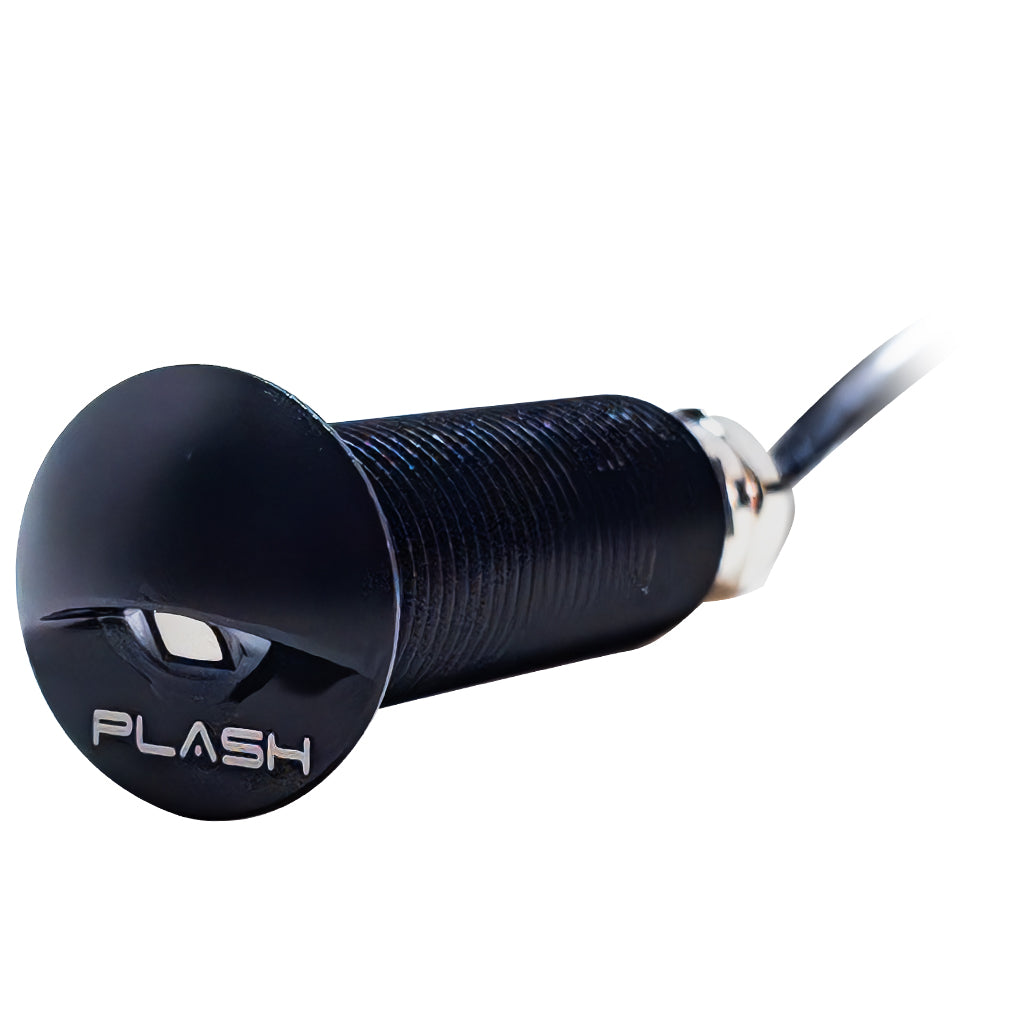 Threaded marine LED step light in hard anodized black housing with its LED light off on a white background