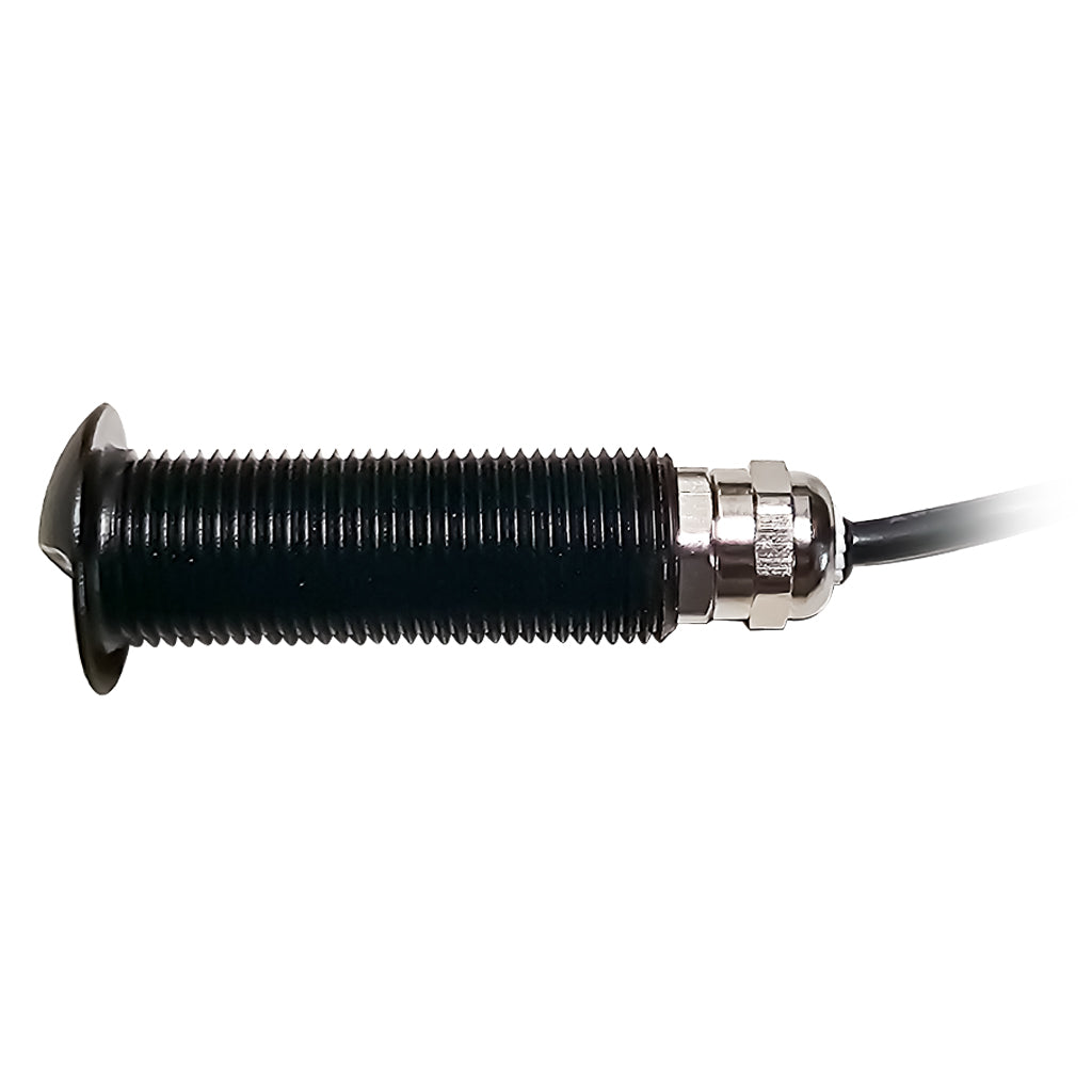 Threaded marine LED step light in hard anodized black housing with its LED light off detailed side view on a white background