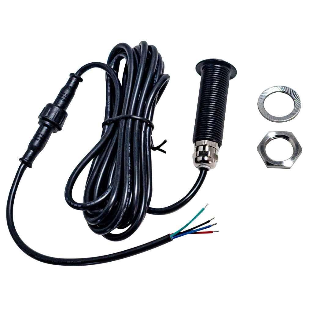 Threaded marine LED step light in hard anodized black housing with its LED light off detailed view with accessories on a white background