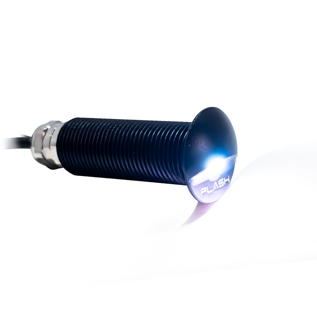 Threaded marine LED step light in hard anodized black housing lit up with cool white color on a white background.