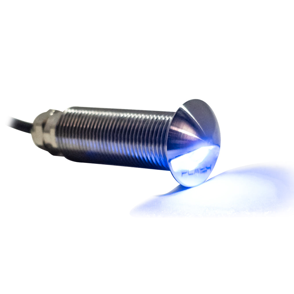 Threaded marine LED step light in stainless steel housing lit up with Cool White color on a white background