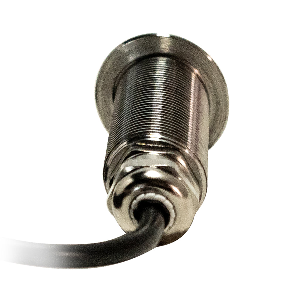 Threaded marine LED step light in stainless steel housing rear view on a white background