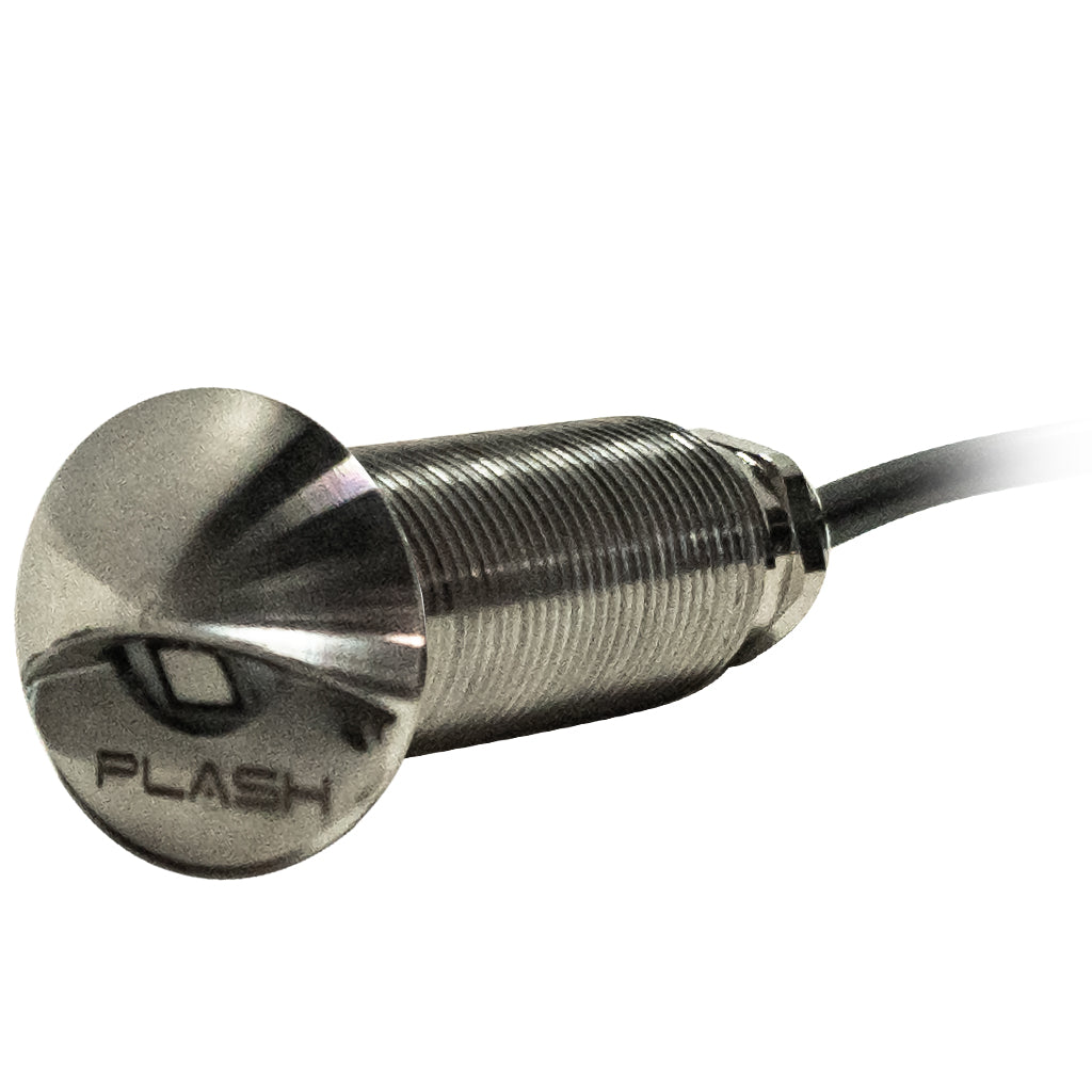 Threaded marine LED step light in stainless steel housing with its LED light off on a white background